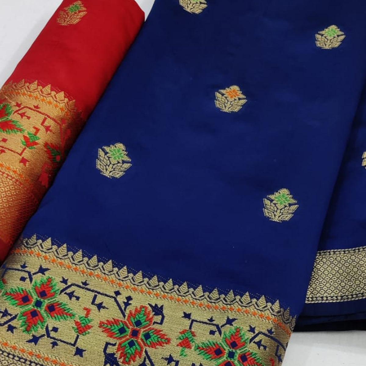 Navy Blue Festive Wear Woven Soft Silk Saree - Peachmode