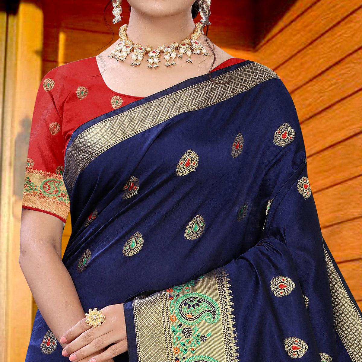 Navy Blue Festive Wear Woven With Meena Butta Lining Pallu Soft Silk Saree - Peachmode