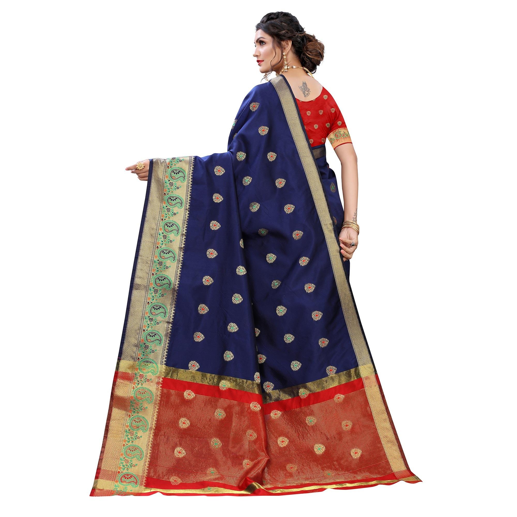 Navy Blue Festive Wear Woven With Meena Butta Lining Pallu Soft Silk Saree - Peachmode