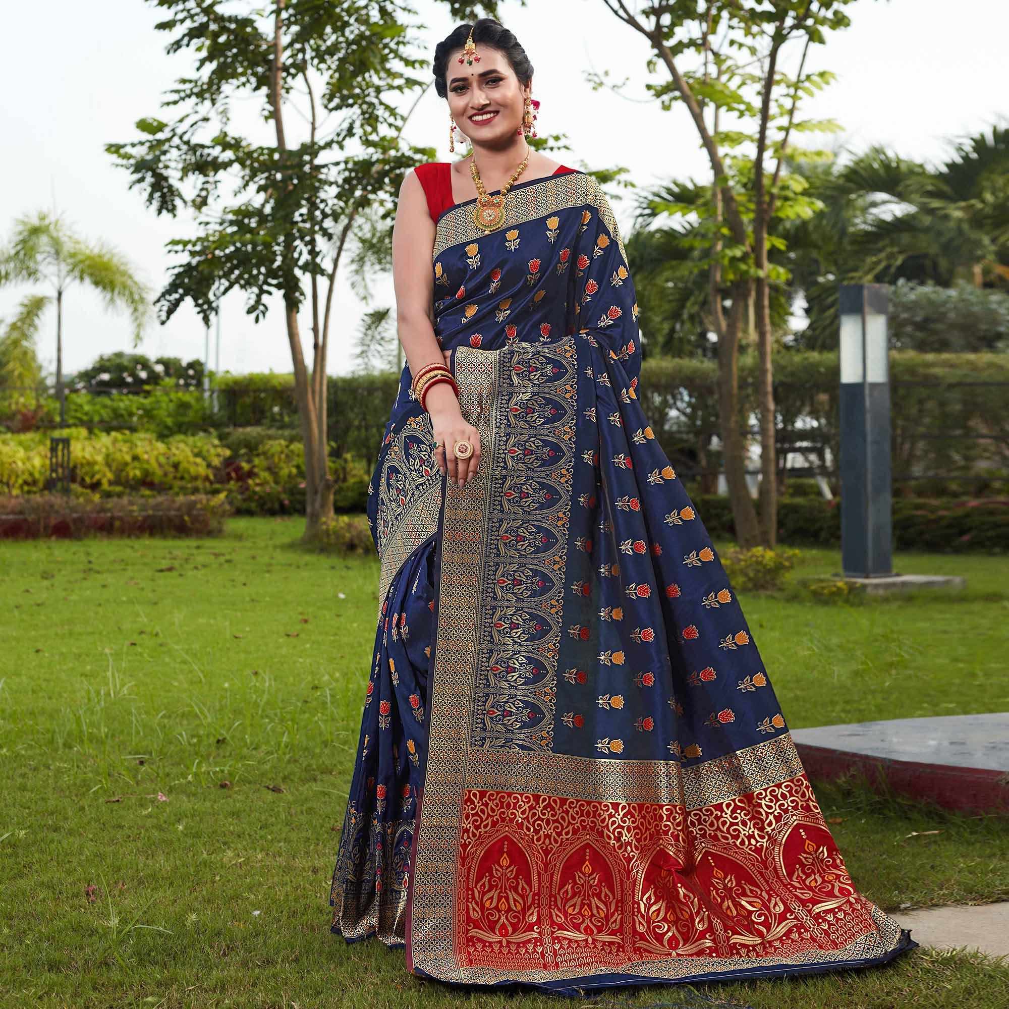 Navy Blue Festive Wear Woven With Meena Rappier Lichi Silk Saree - Peachmode