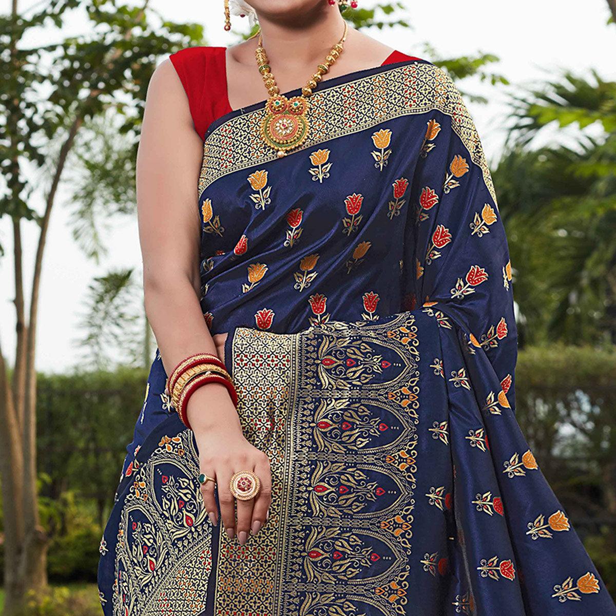 Navy Blue Festive Wear Woven With Meena Rappier Lichi Silk Saree - Peachmode