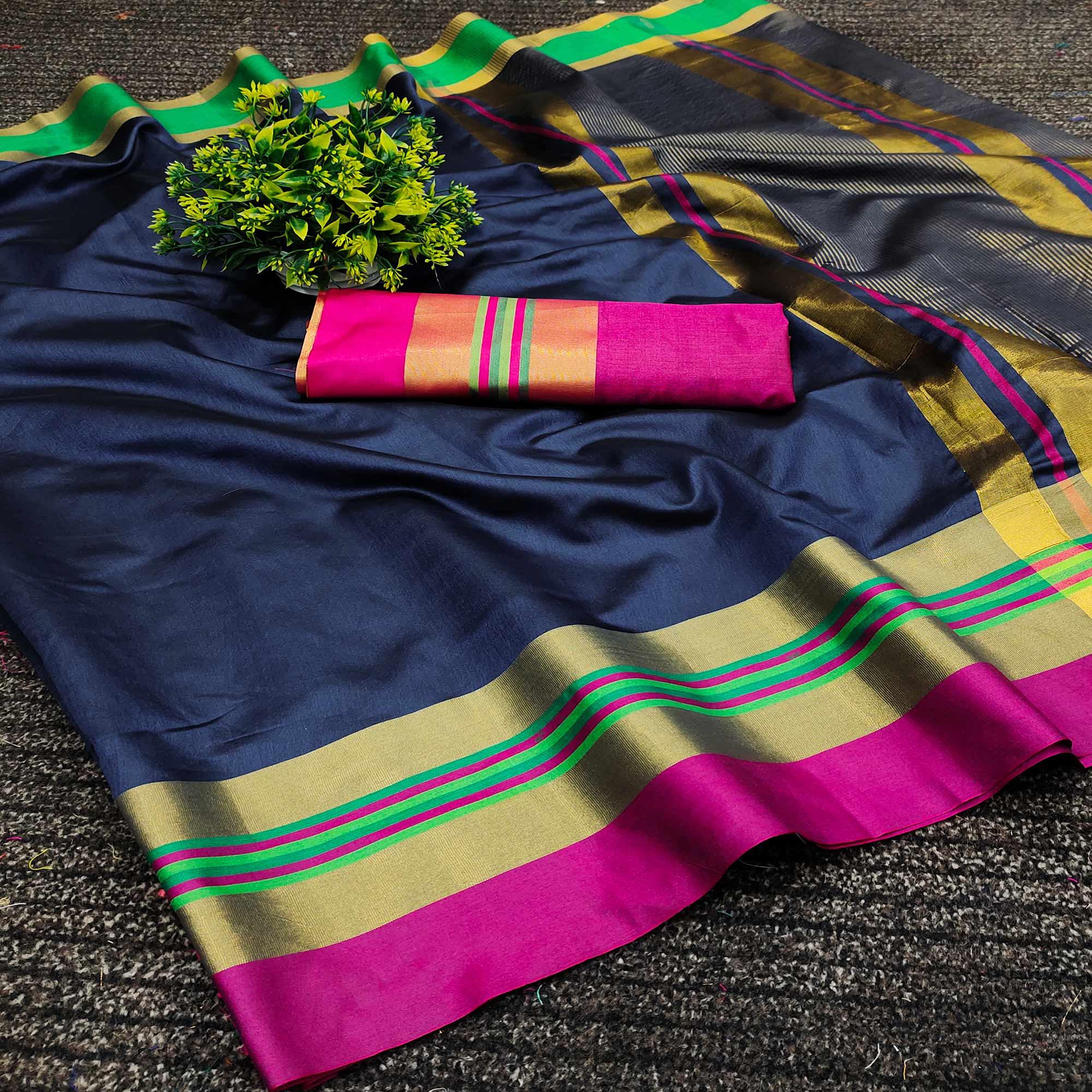 Navy Blue Festive Wear Zari Border Cotton Blend Saree - Peachmode
