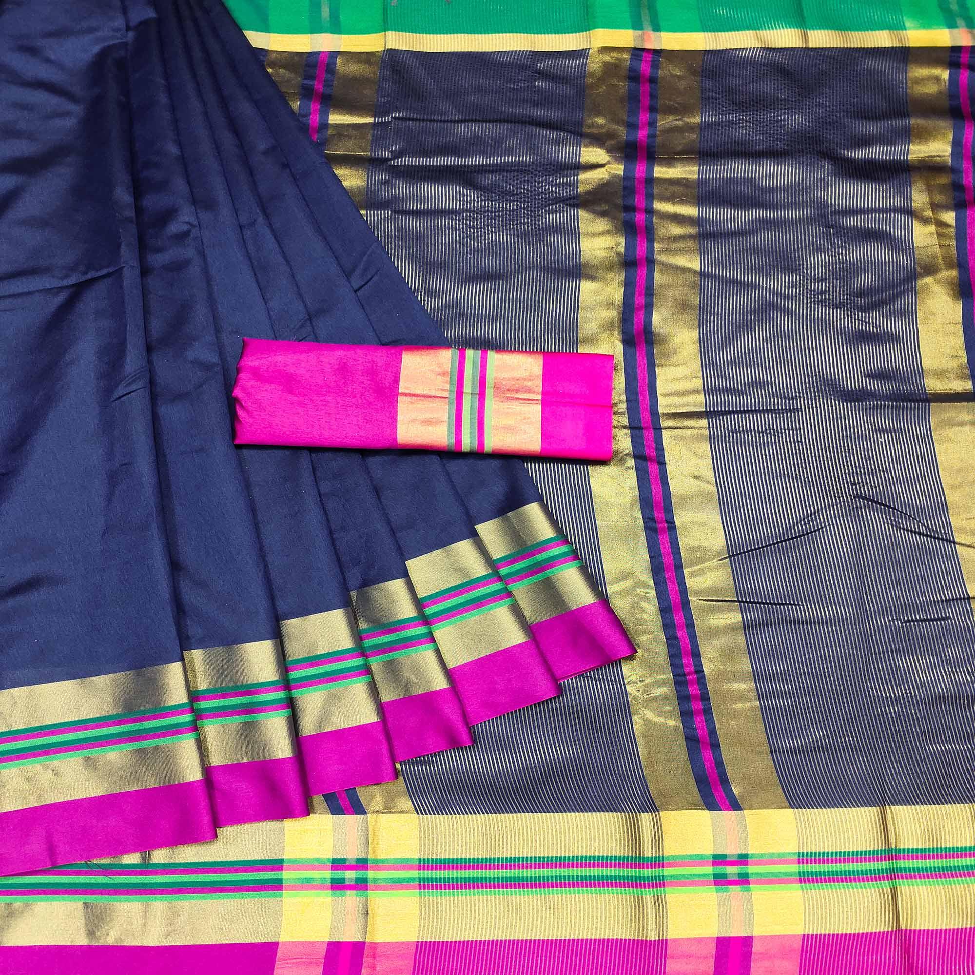 Navy Blue Festive Wear Zari Border Cotton Blend Saree - Peachmode