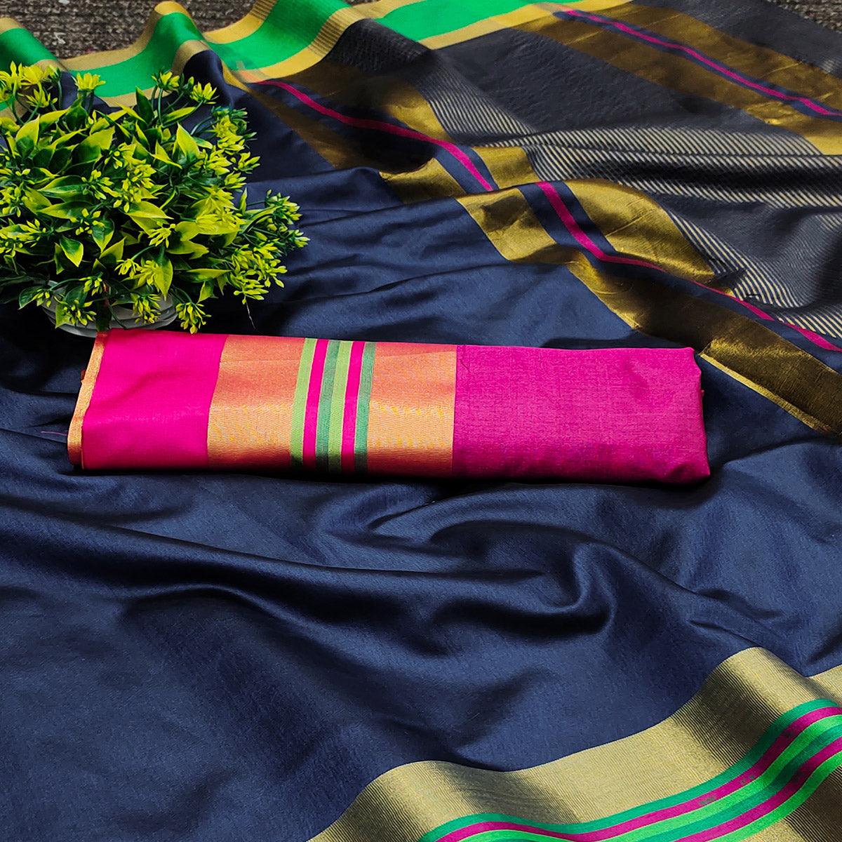 Navy Blue Festive Wear Zari Border Cotton Blend Saree - Peachmode