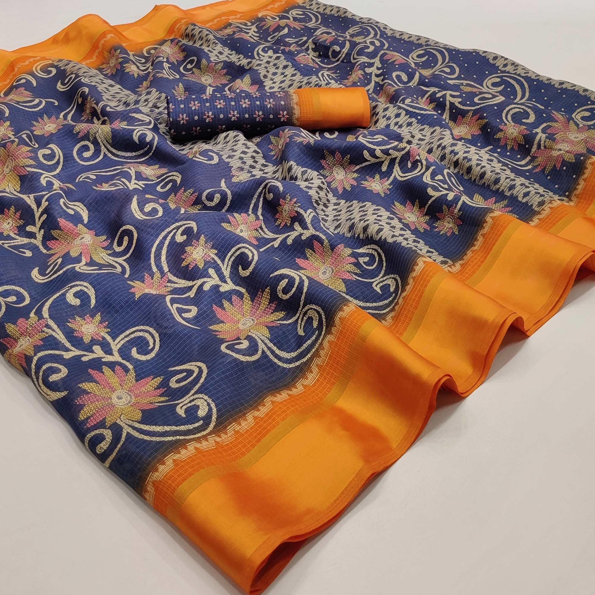 Navy Blue Floral Digital Printed Kota Doria Saree - Peachmode