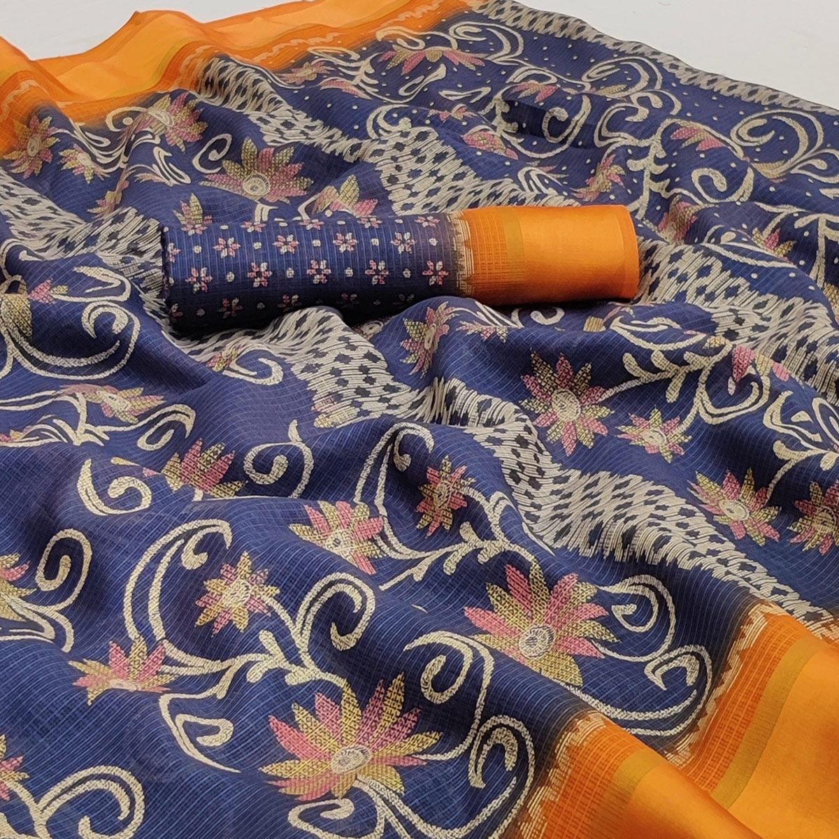 Navy Blue Floral Digital Printed Kota Doria Saree - Peachmode