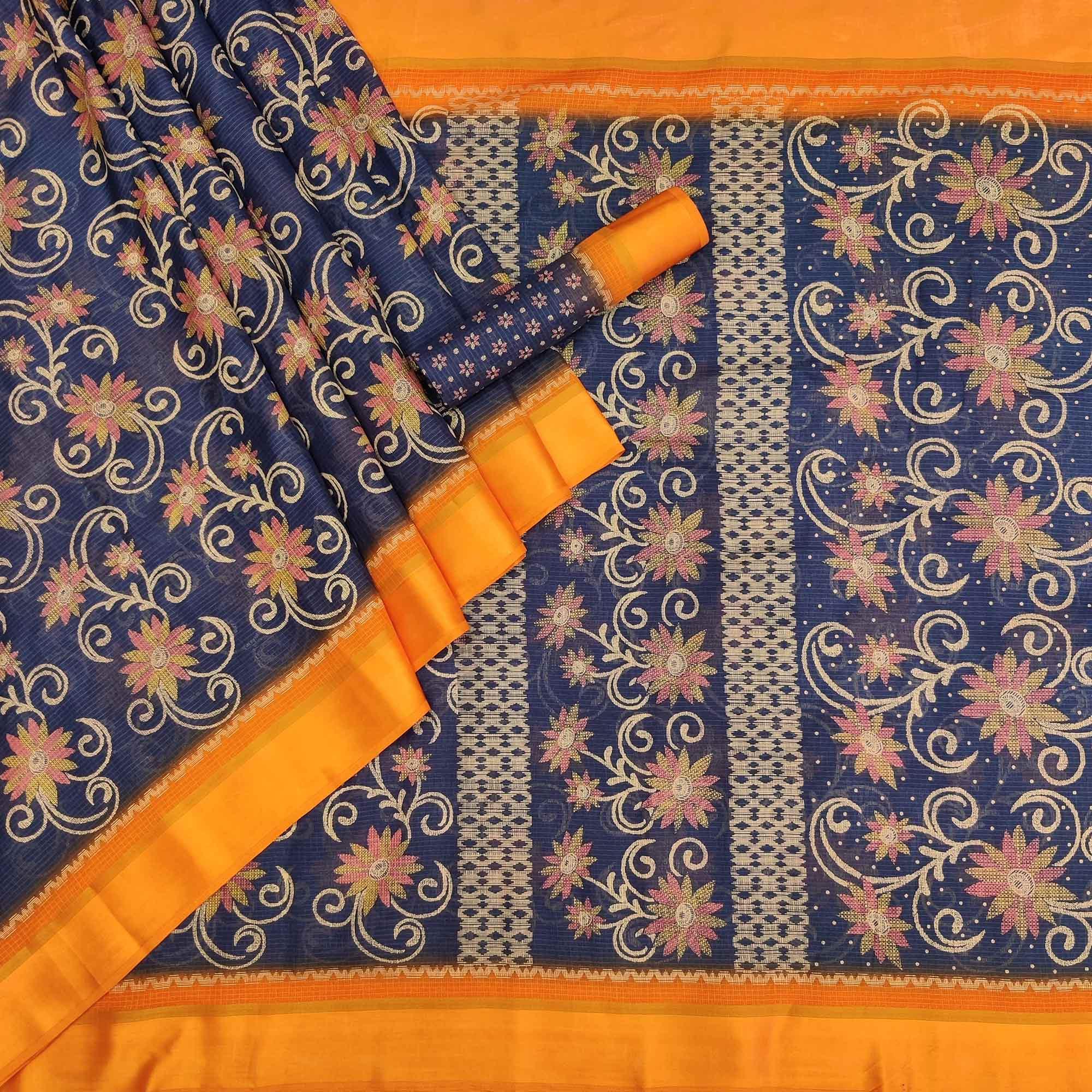 Navy Blue Floral Digital Printed Kota Doria Saree - Peachmode