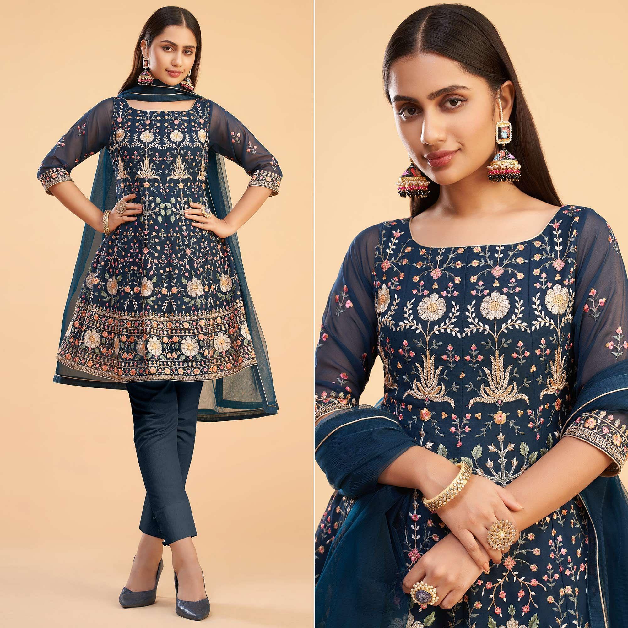 Navy Blue Floral Embroiderd Georgette Salwar Suit - Peachmode