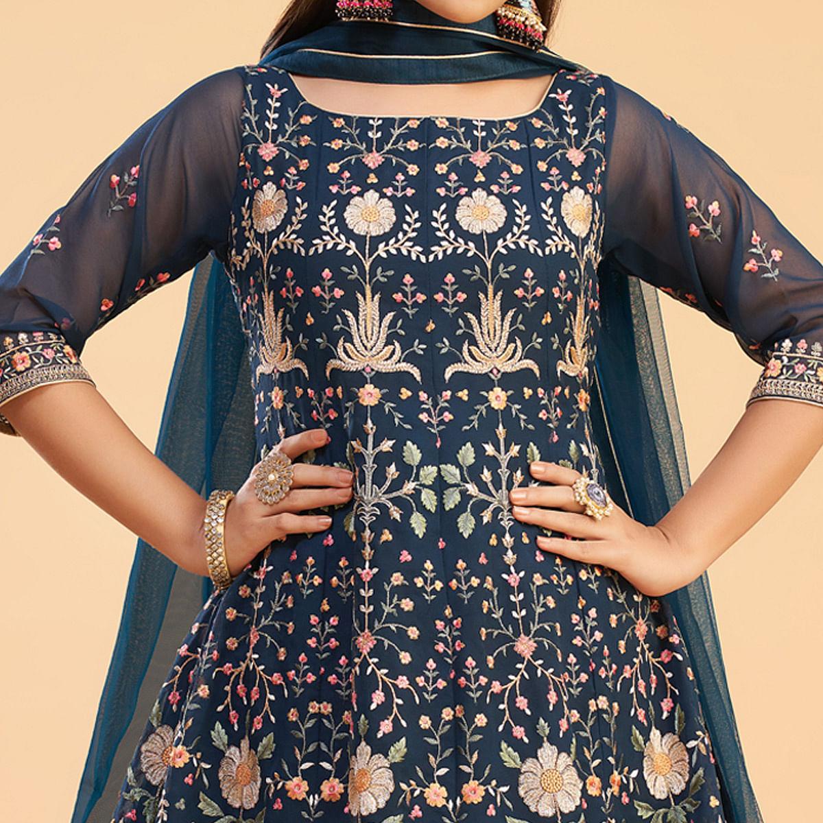 Navy Blue Floral Embroiderd Georgette Salwar Suit - Peachmode