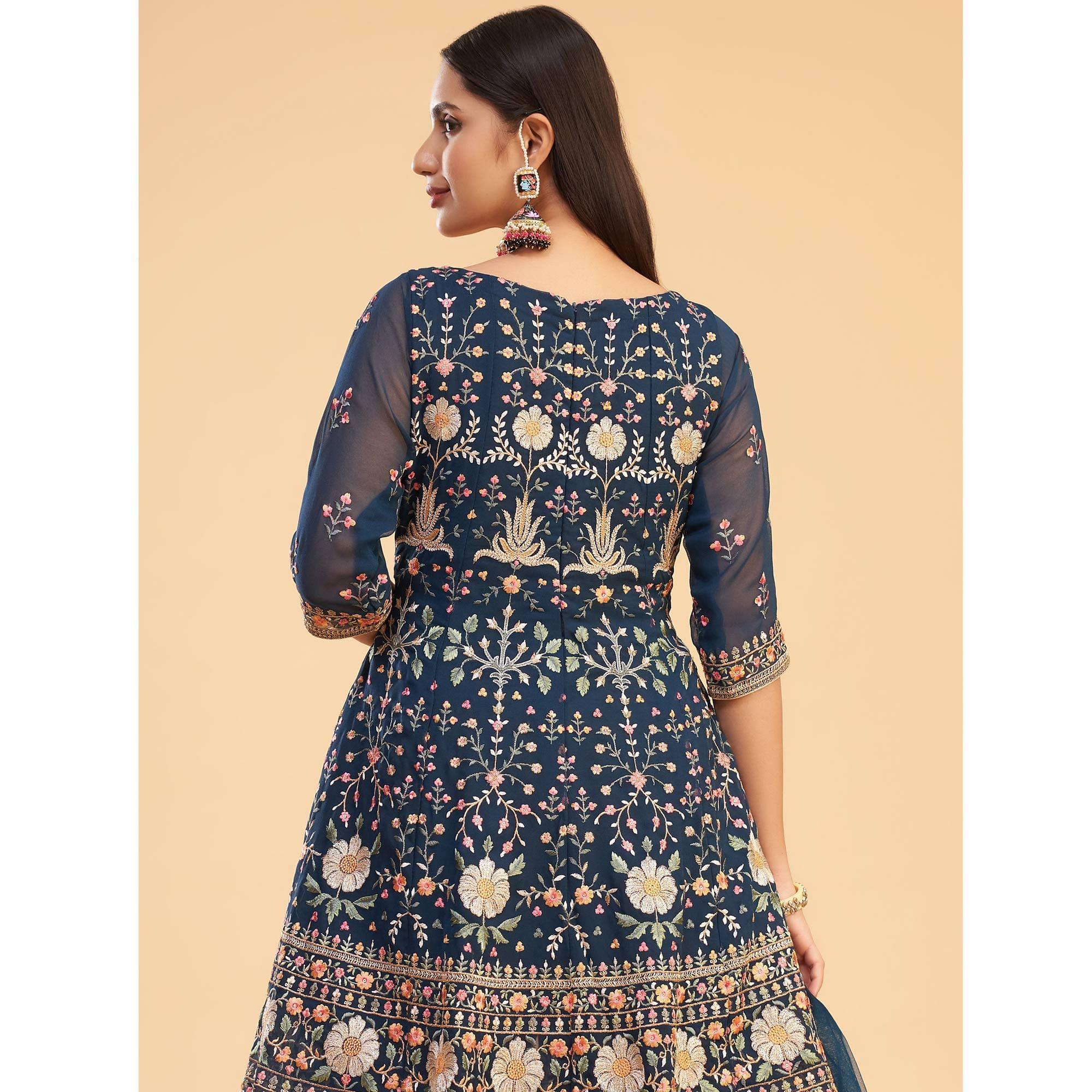 Navy Blue Floral Embroiderd Georgette Salwar Suit - Peachmode