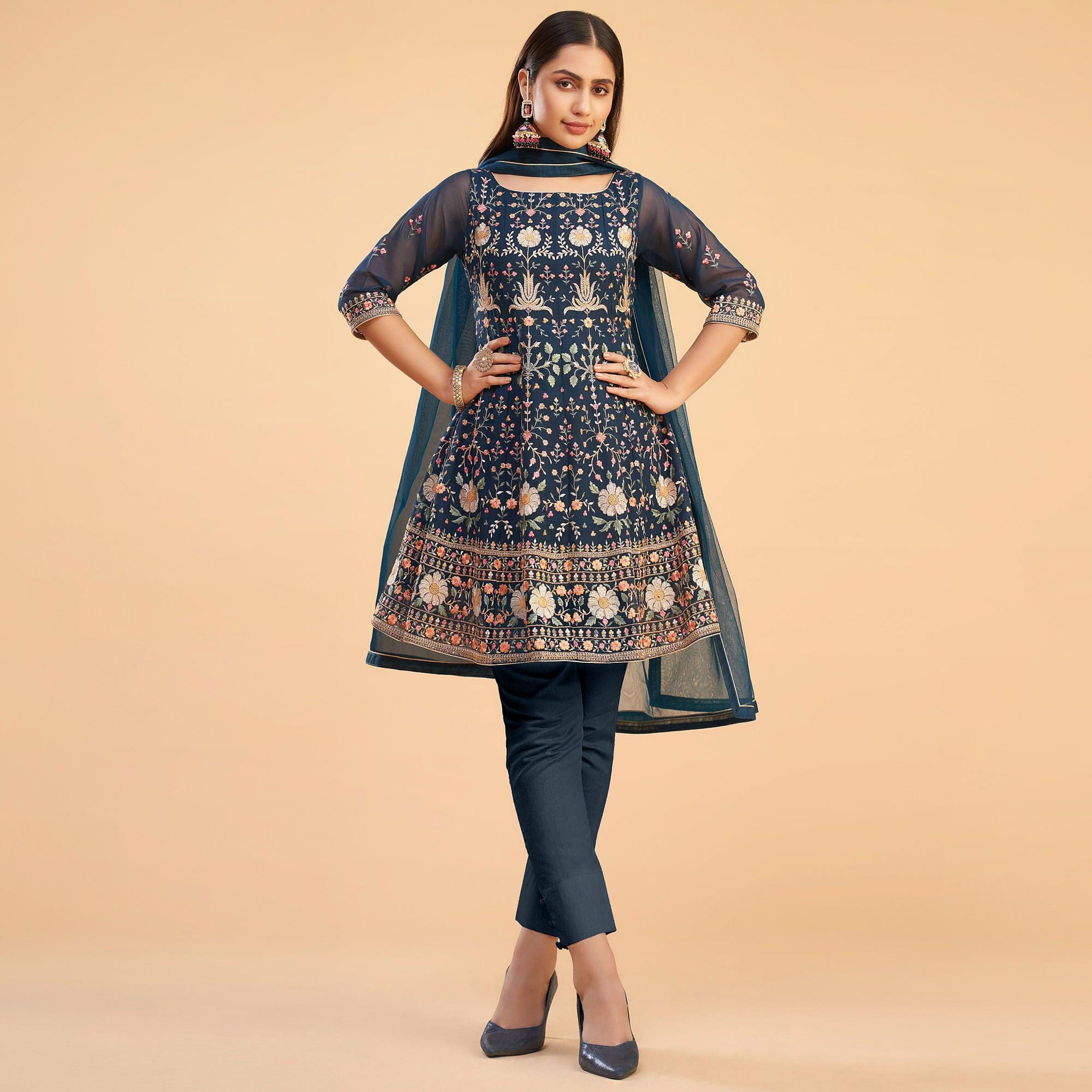 Navy Blue Floral Embroiderd Georgette Salwar Suit - Peachmode