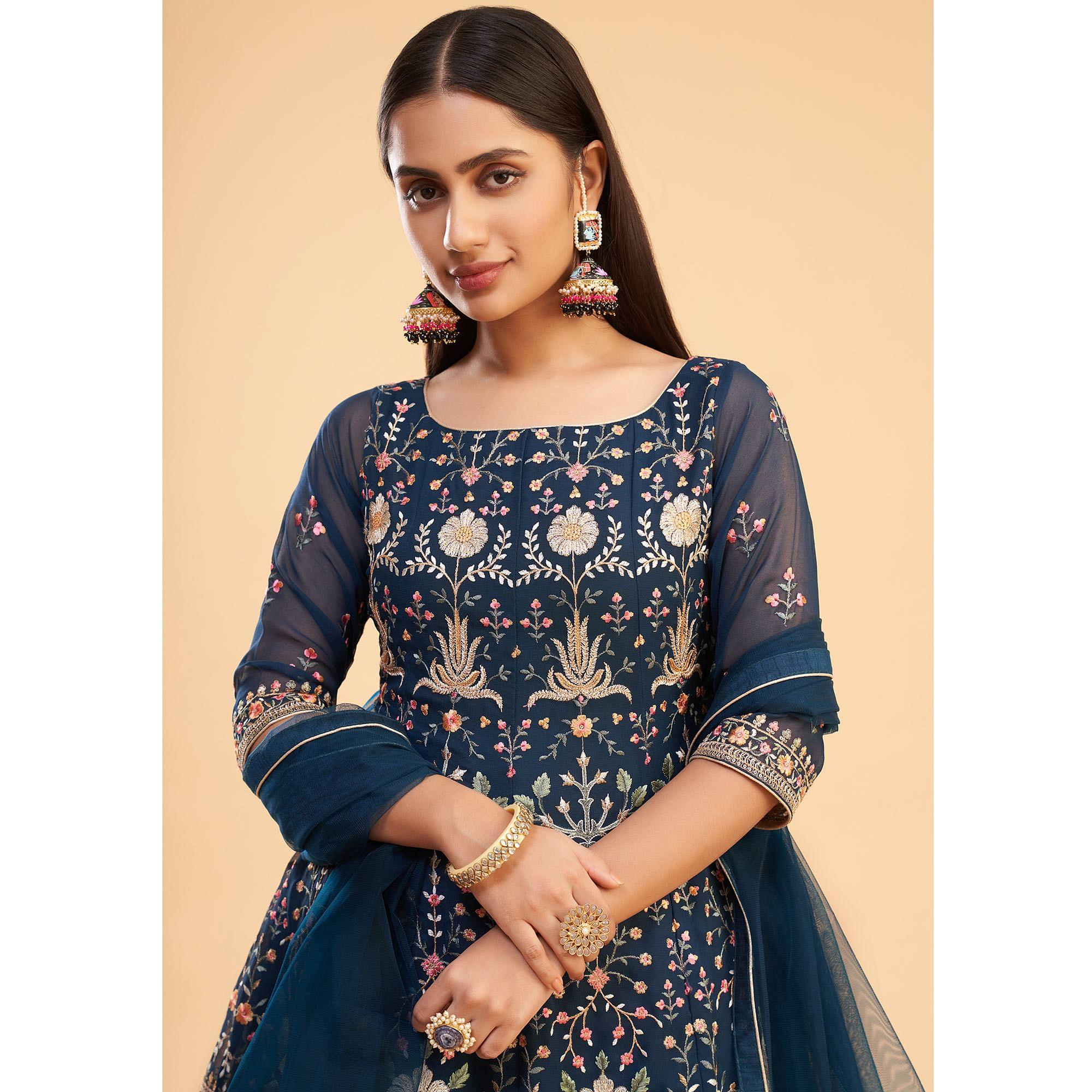 Navy Blue Floral Embroiderd Georgette Salwar Suit - Peachmode