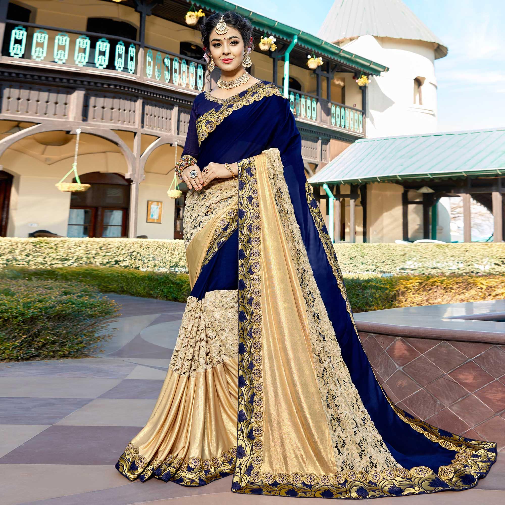 Navy Blue Floral Embroidered Art Silk Saree - Peachmode