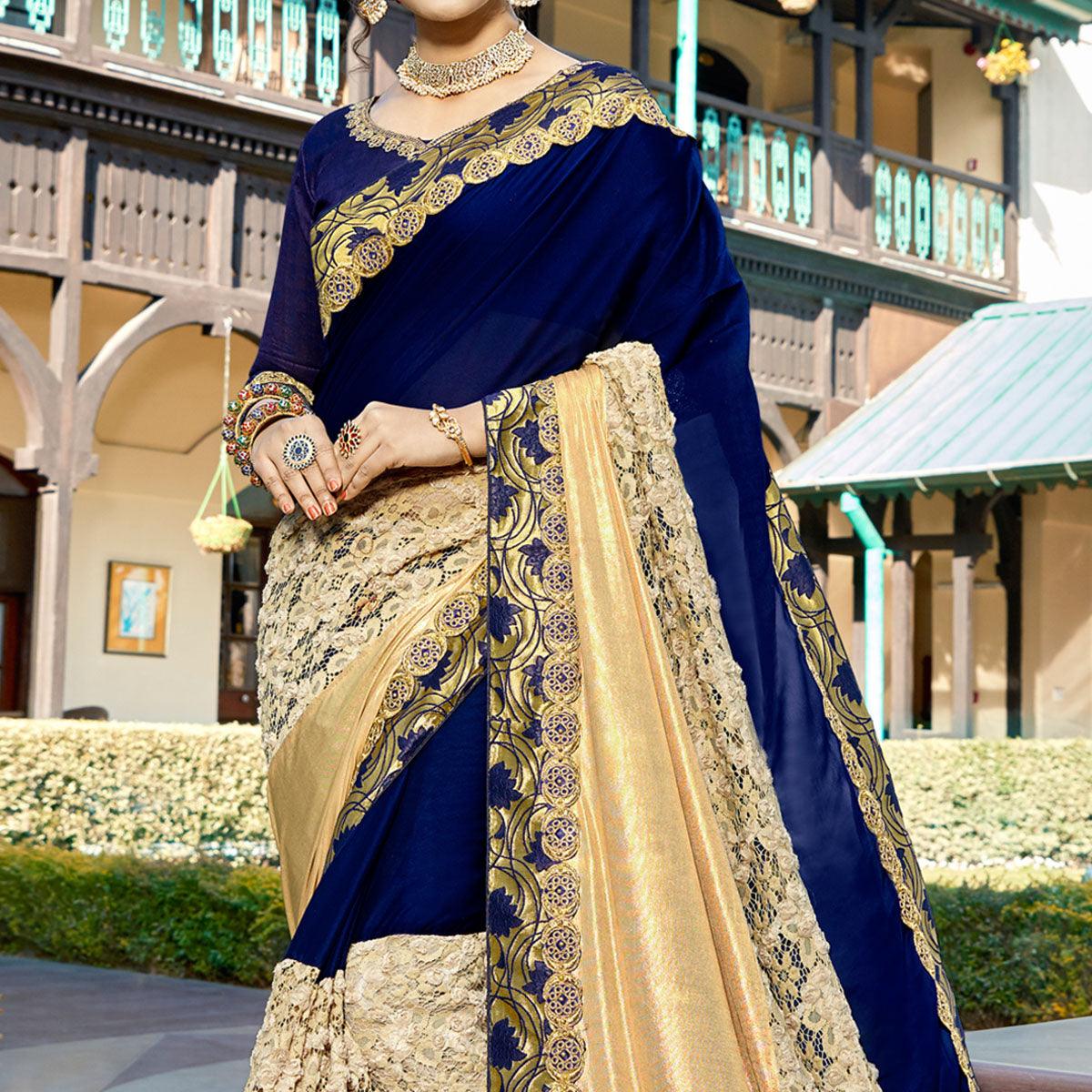 Navy Blue Floral Embroidered Art Silk Saree - Peachmode