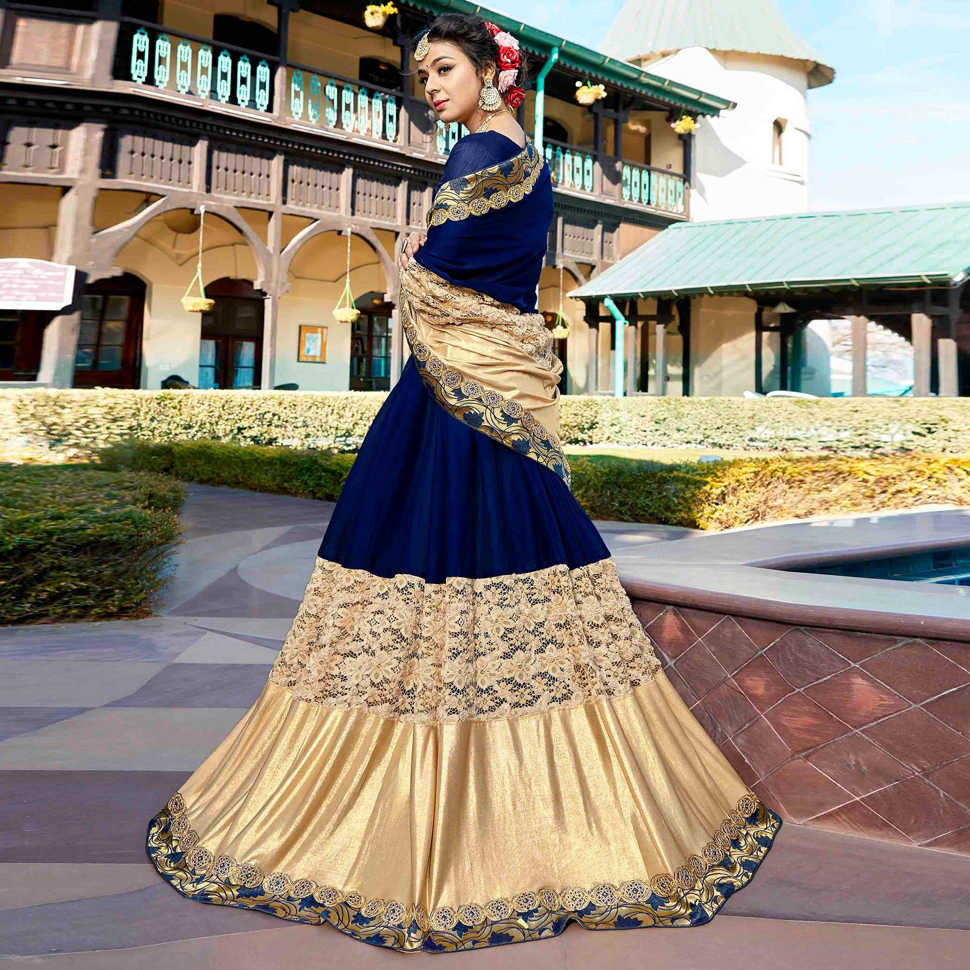 Navy Blue Floral Embroidered Art Silk Saree - Peachmode