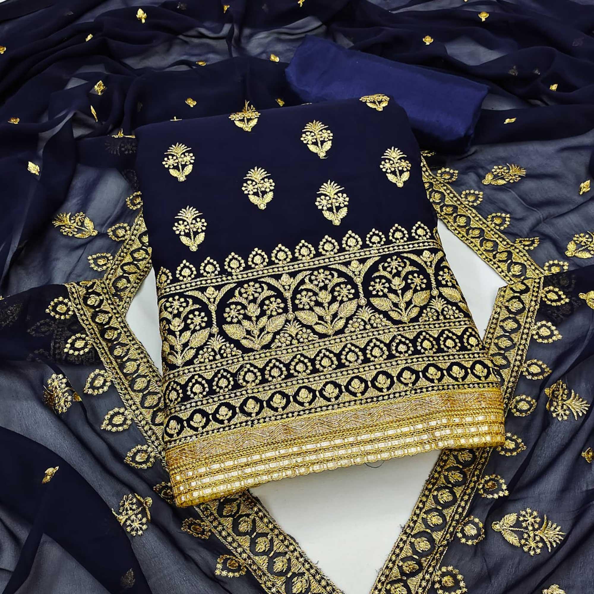Navy Blue Floral Embroidered Georgette Dress Material - Peachmode