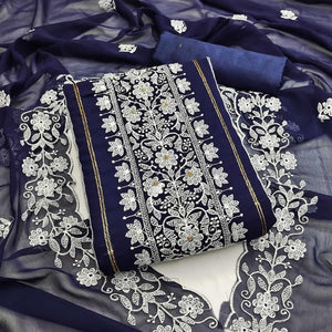 Navy Blue Floral Embroidered Georgette Dress Material - Peachmode