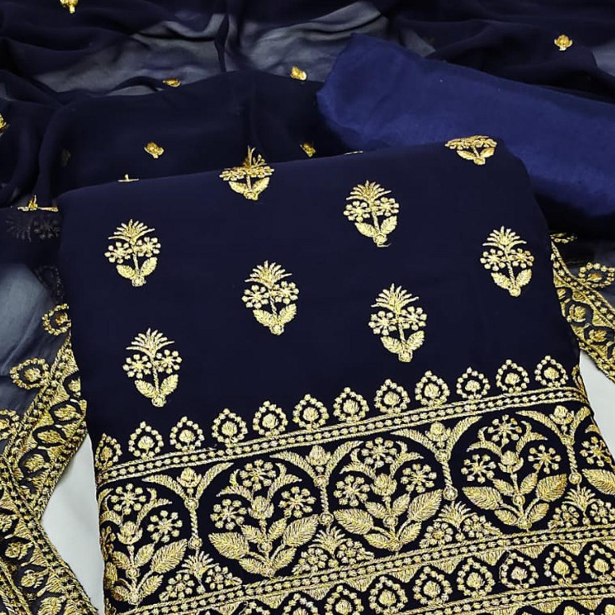 Navy Blue Floral Embroidered Georgette Dress Material - Peachmode
