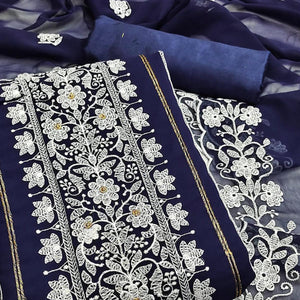 Navy Blue Floral Embroidered Georgette Dress Material - Peachmode