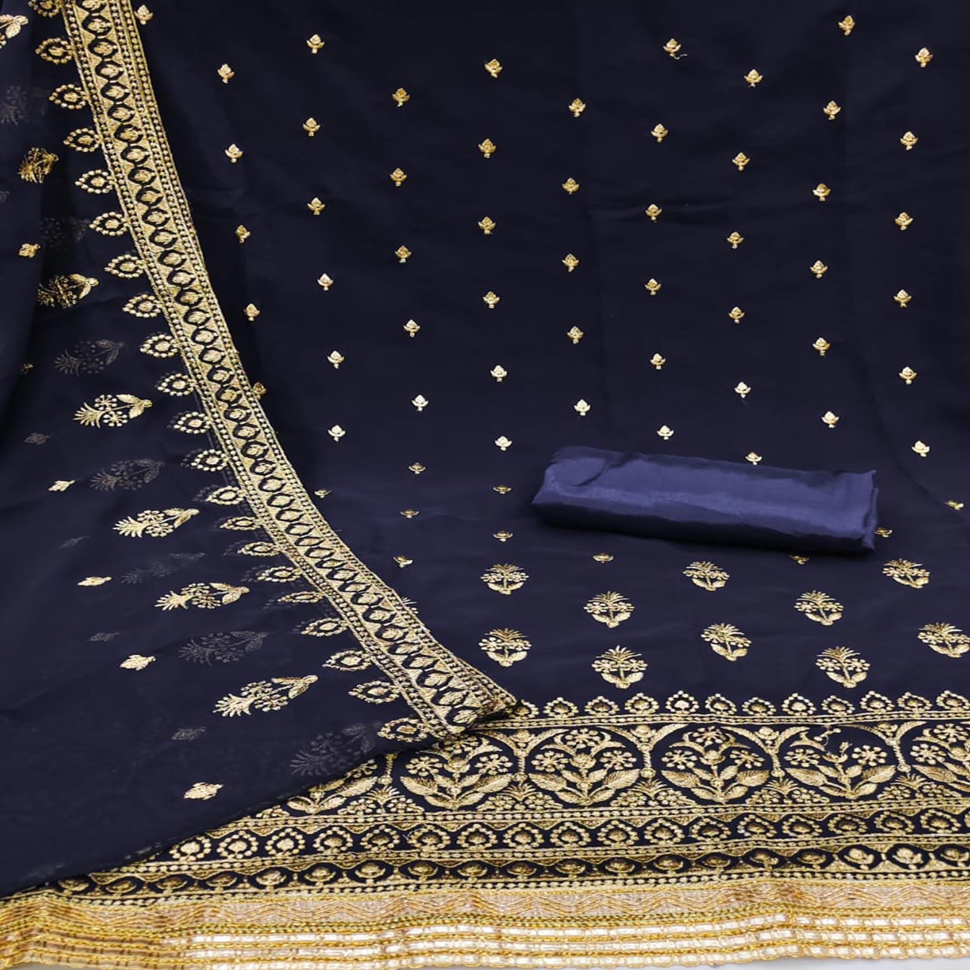 Navy Blue Floral Embroidered Georgette Dress Material - Peachmode
