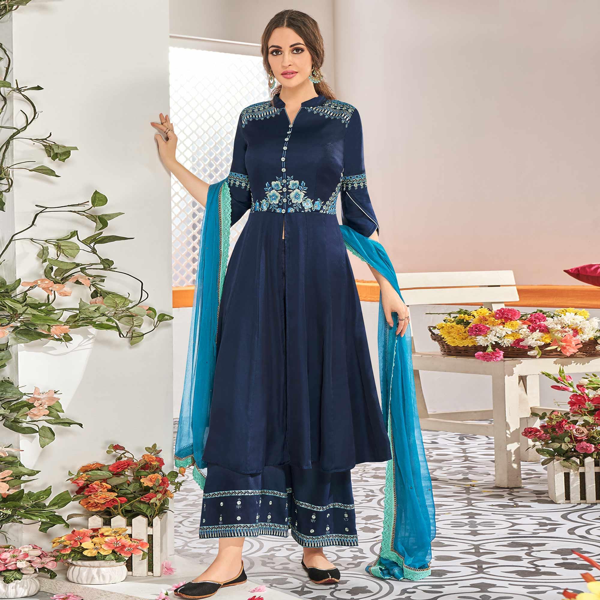 Navy Blue Floral Embroidered Muslin Palazzo Suit - Peachmode