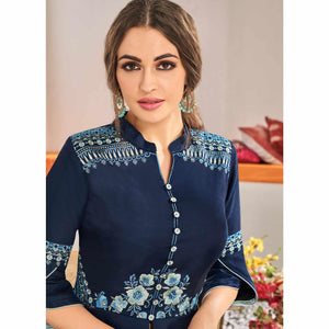 Navy Blue Floral Embroidered Muslin Palazzo Suit - Peachmode