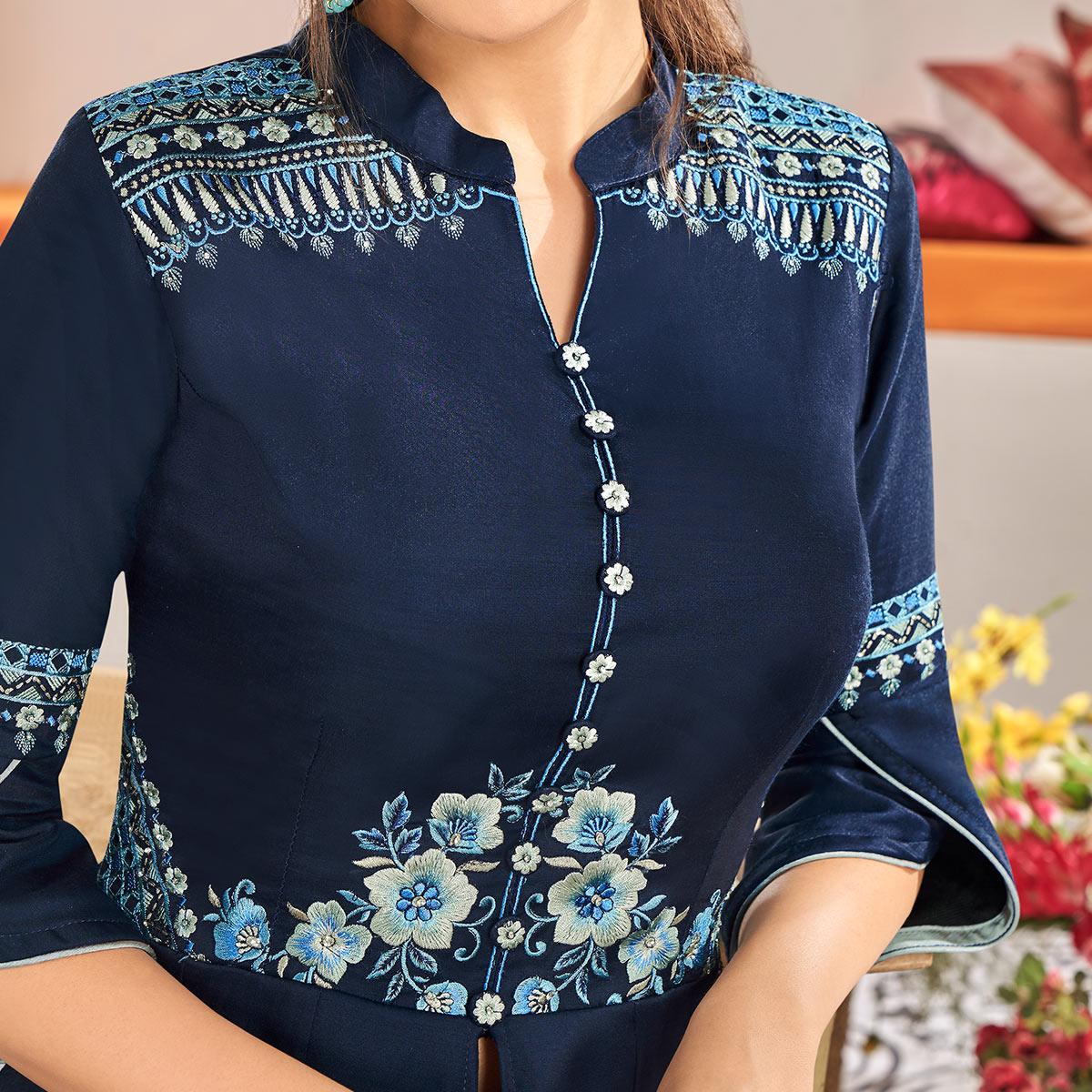 Navy Blue Floral Embroidered Muslin Palazzo Suit - Peachmode