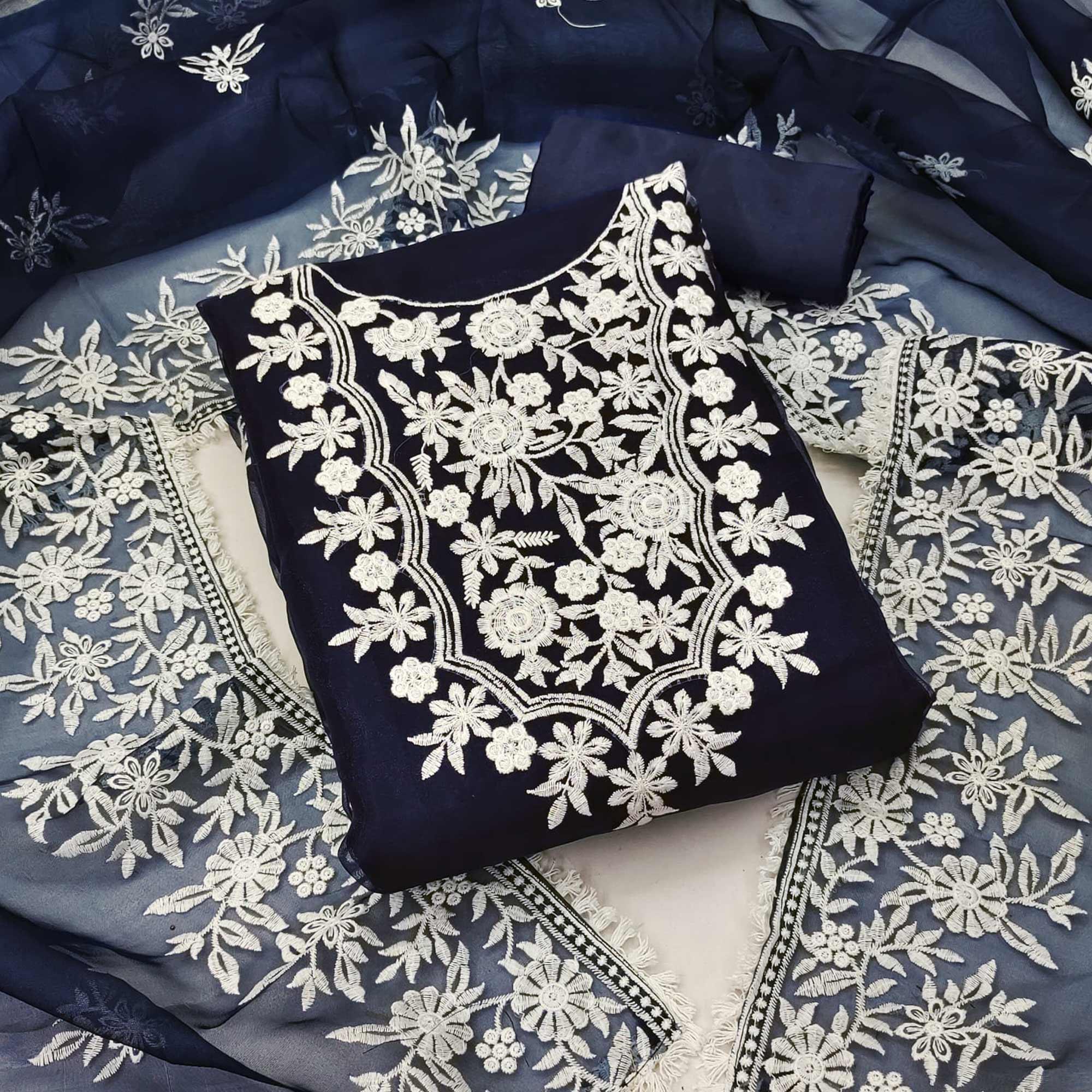 Navy Blue Floral Embroidered Organza Dress Material - Peachmode