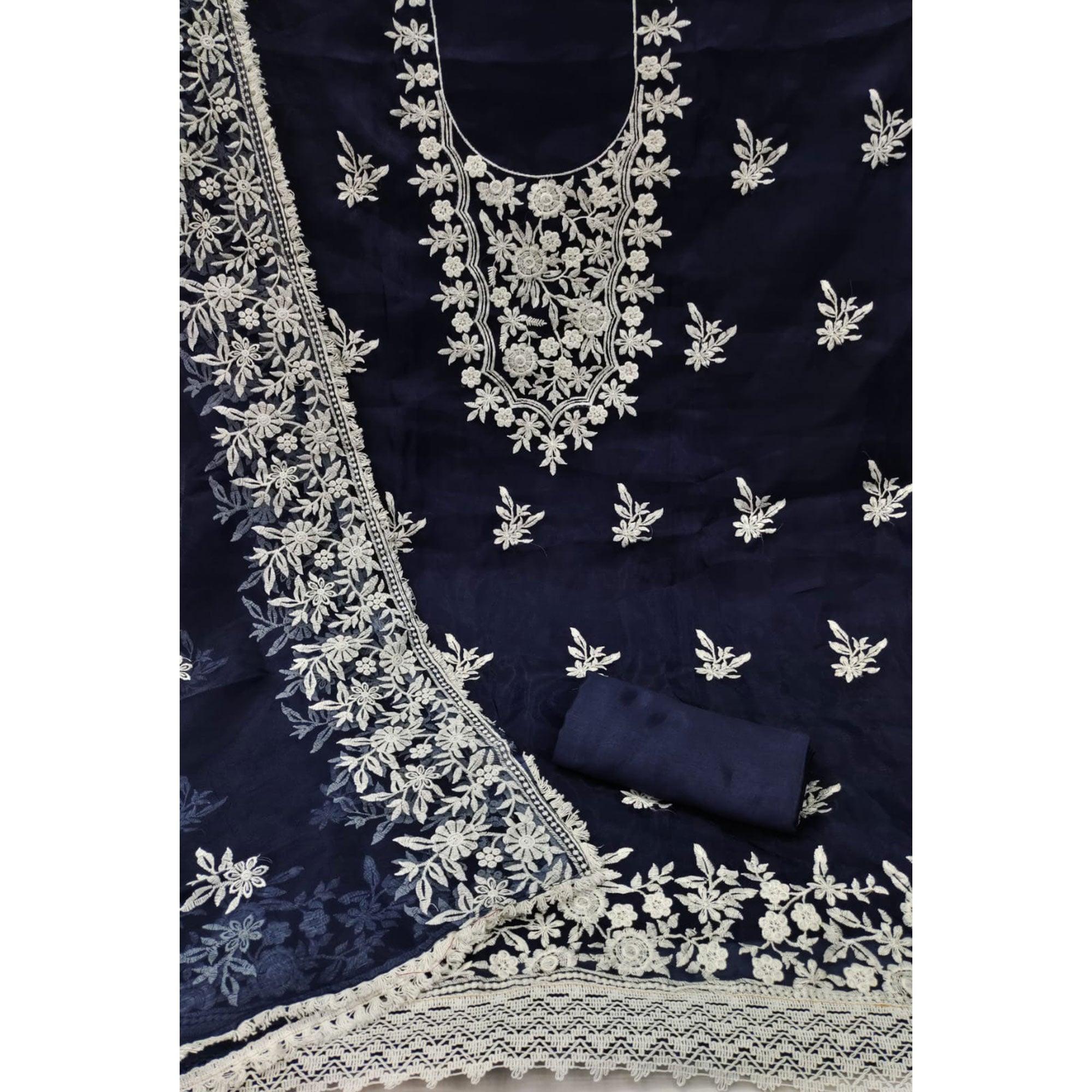 Navy Blue Floral Embroidered Organza Dress Material - Peachmode
