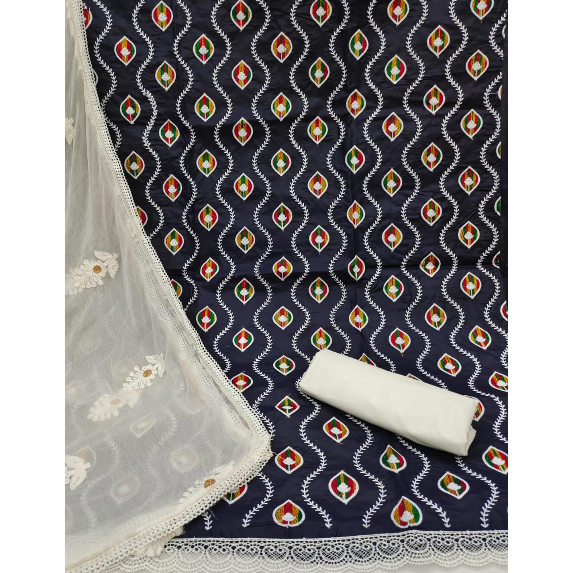 Navy Blue Floral Embroidered Pure Cotton Dress Material - Peachmode