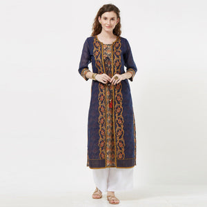 Navy Blue Floral Embroidered Pure Cotton Long Kurti - Peachmode