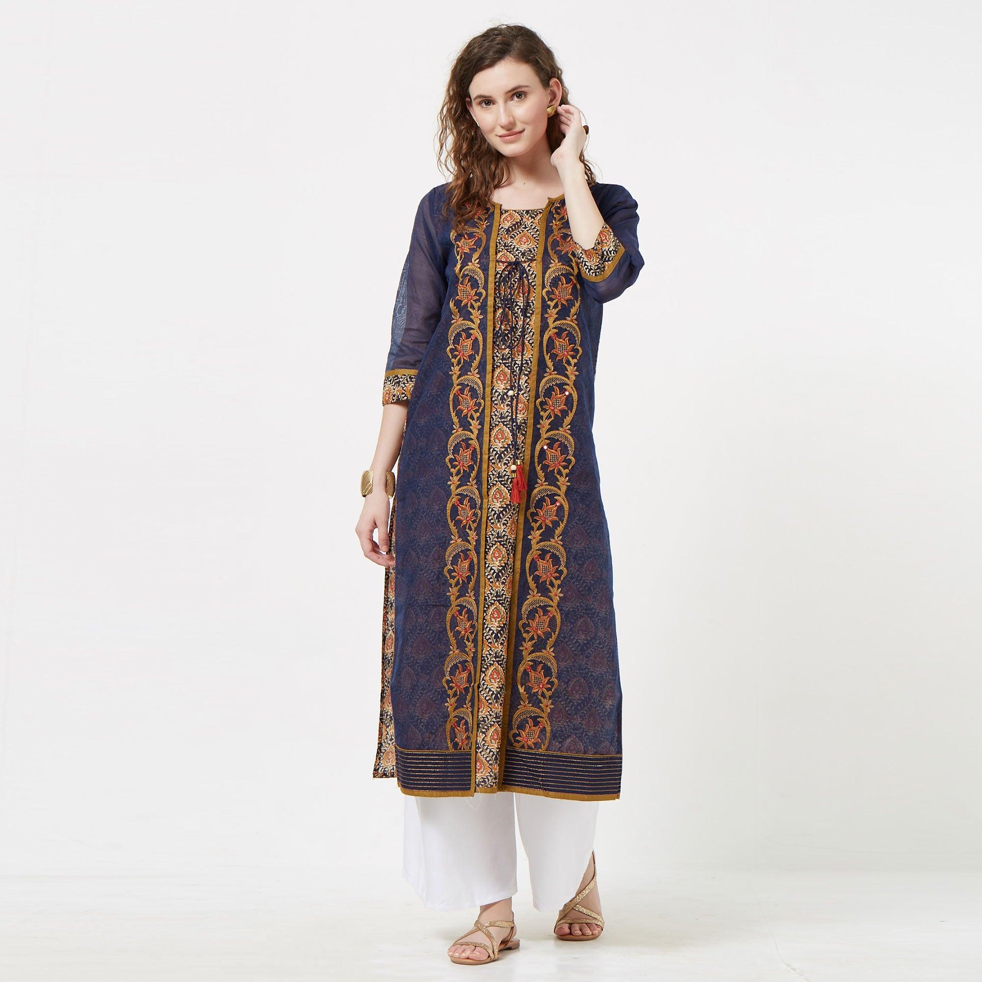 Navy Blue Floral Embroidered Pure Cotton Long Kurti - Peachmode