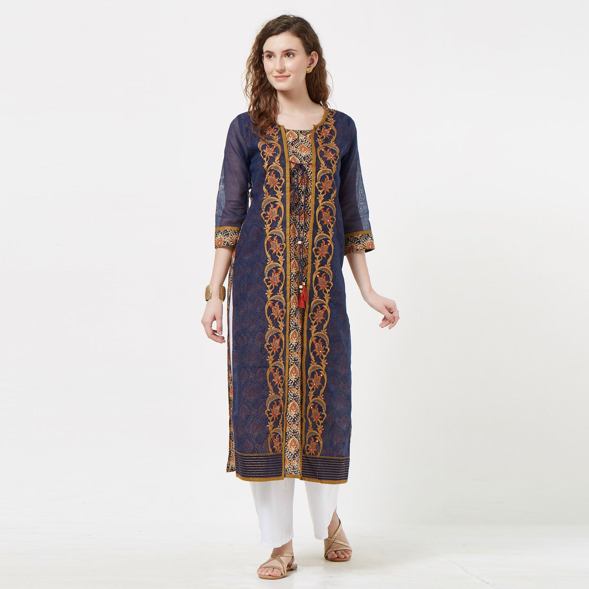Navy Blue Floral Embroidered Pure Cotton Long Kurti - Peachmode
