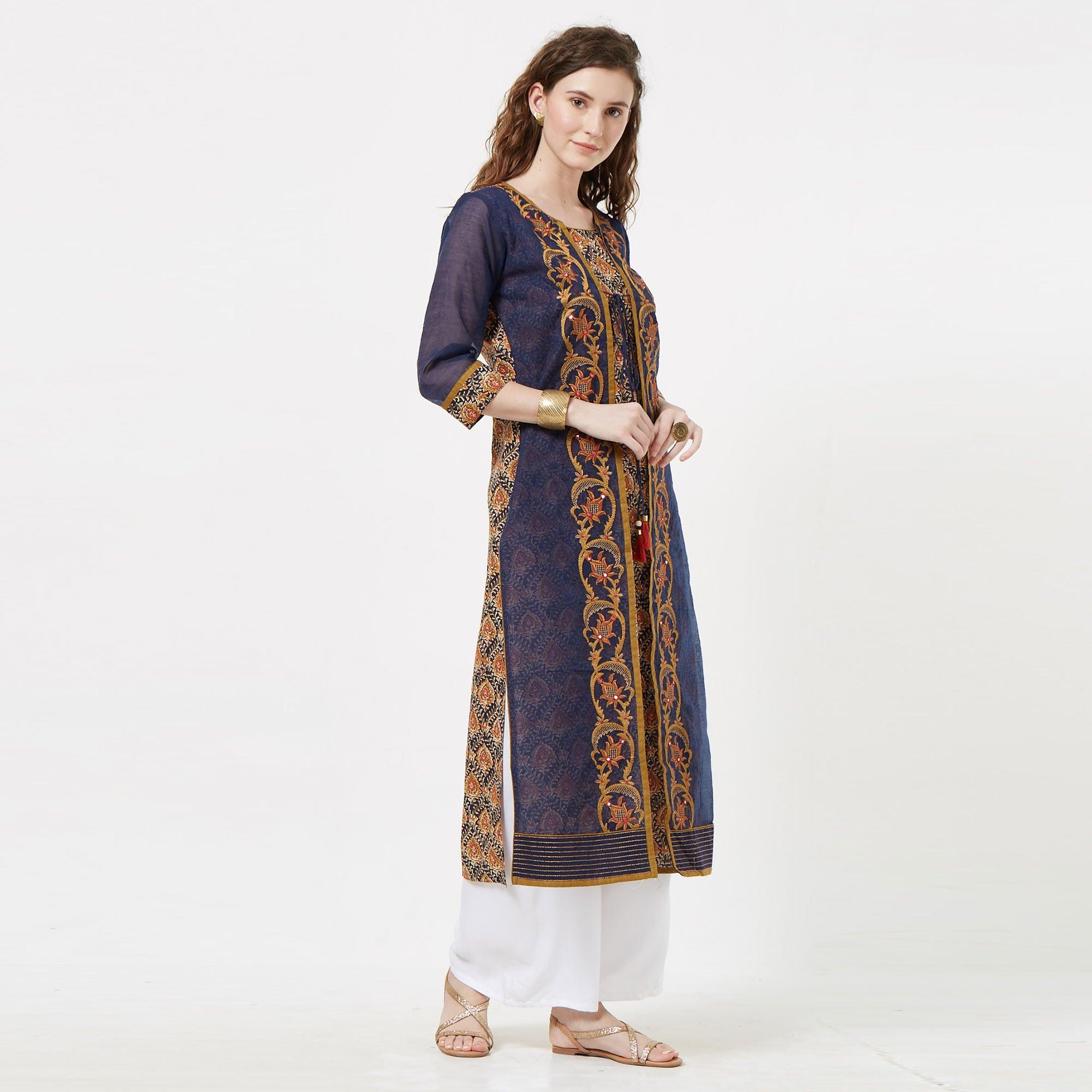 Navy Blue Floral Embroidered Pure Cotton Long Kurti - Peachmode