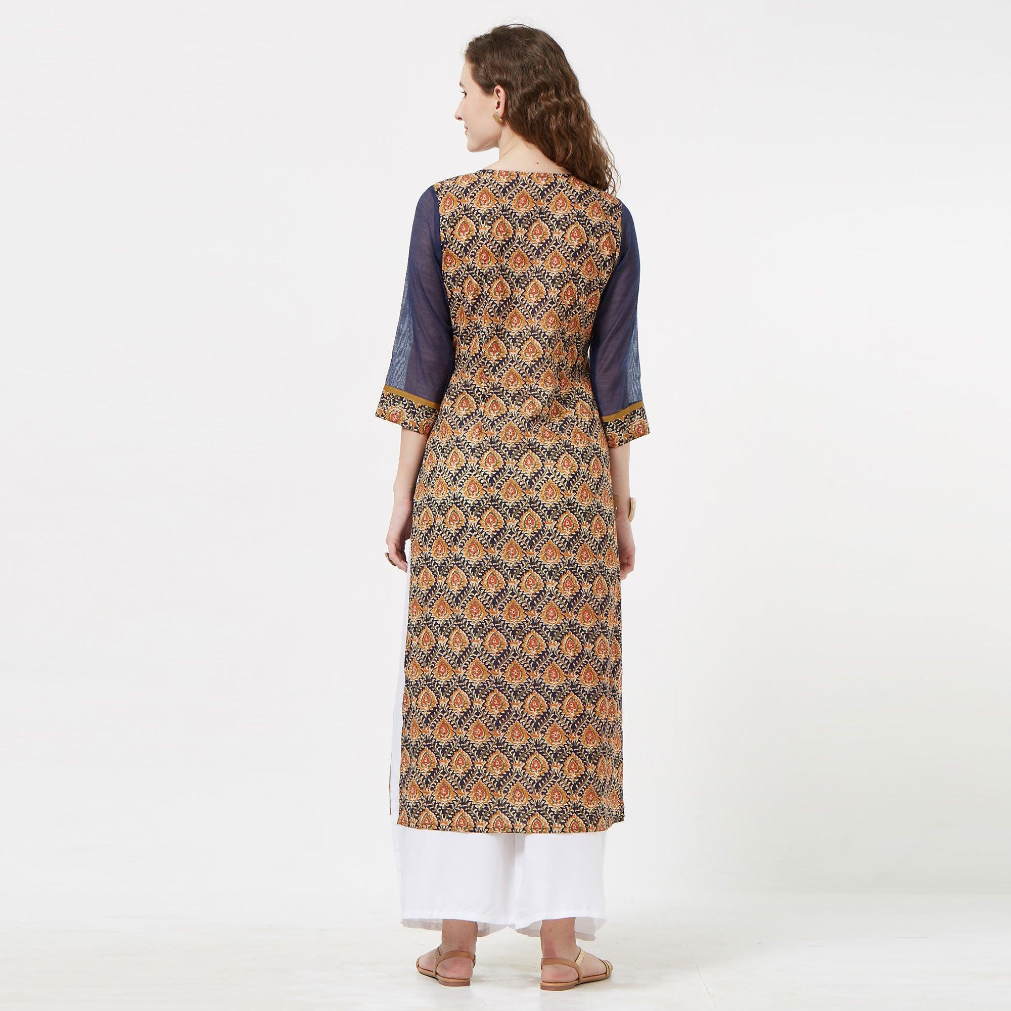 Navy Blue Floral Embroidered Pure Cotton Long Kurti - Peachmode