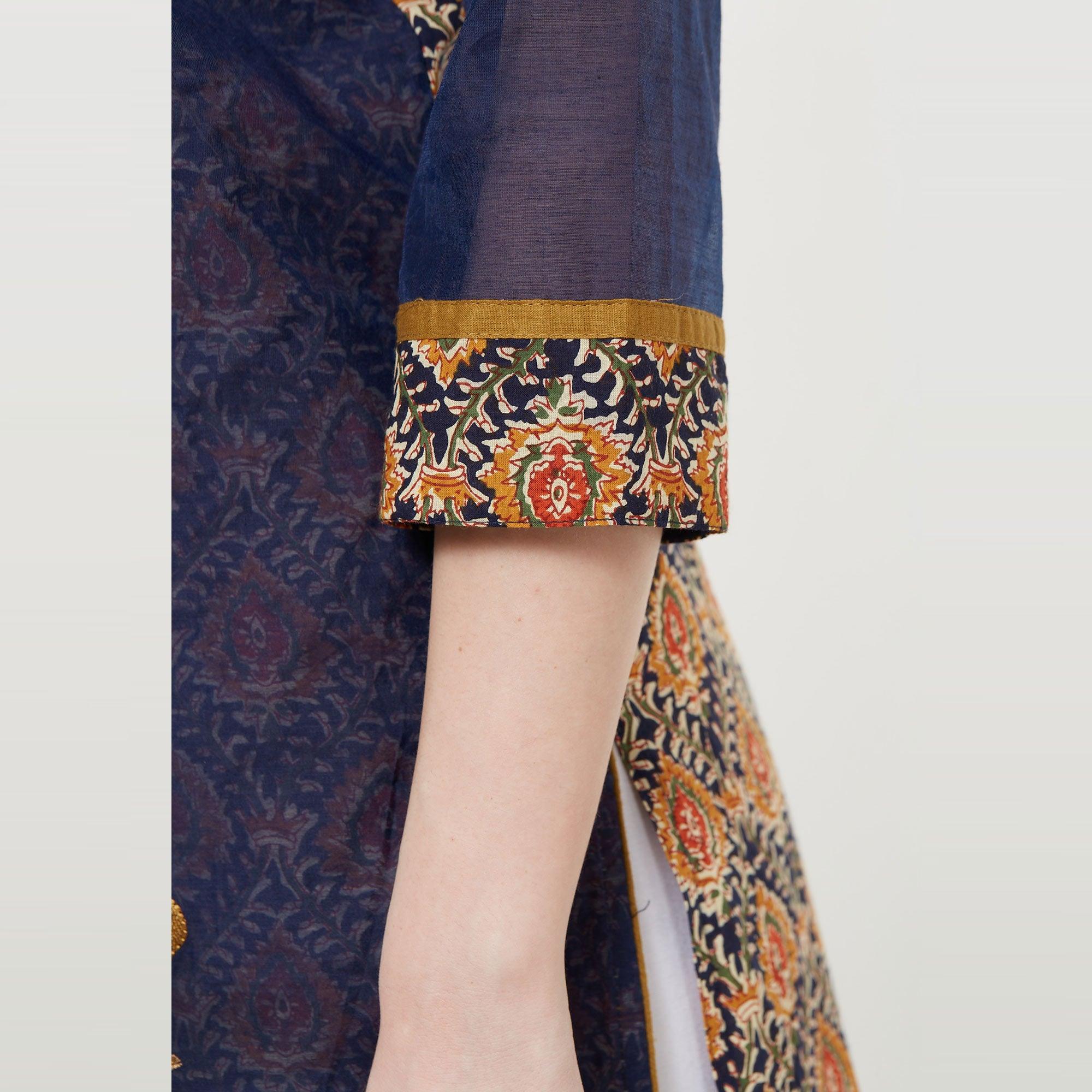 Navy Blue Floral Embroidered Pure Cotton Long Kurti - Peachmode