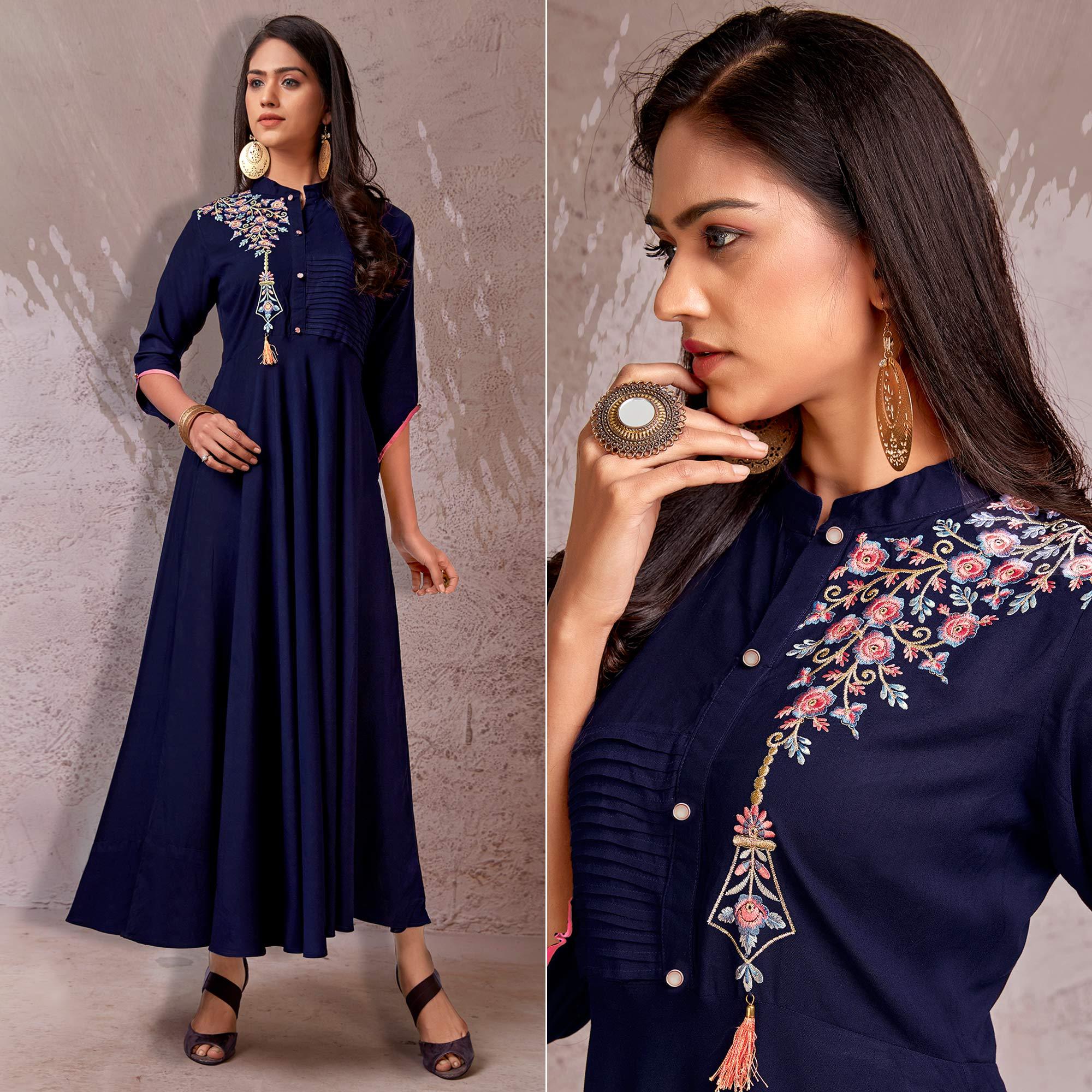 Navy Blue Floral Embroidered Rayon Gown - Peachmode