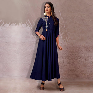 Navy Blue Floral Embroidered Rayon Gown - Peachmode