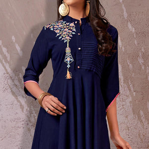 Navy Blue Floral Embroidered Rayon Gown - Peachmode