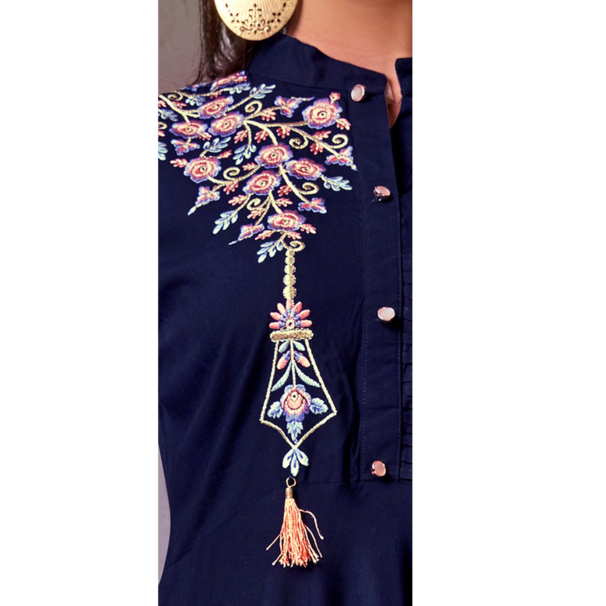 Navy Blue Floral Embroidered Rayon Gown - Peachmode
