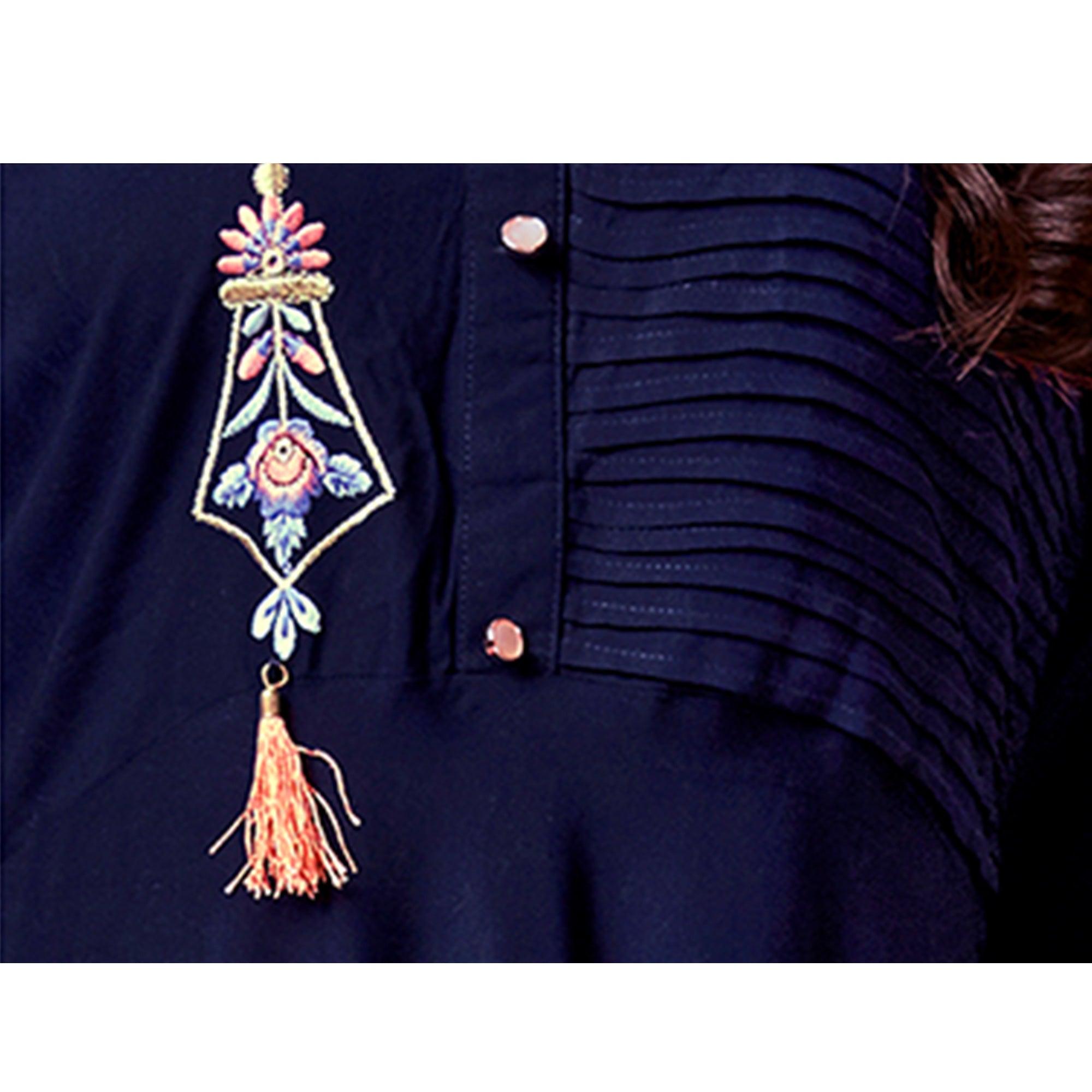 Navy Blue Floral Embroidered Rayon Gown - Peachmode
