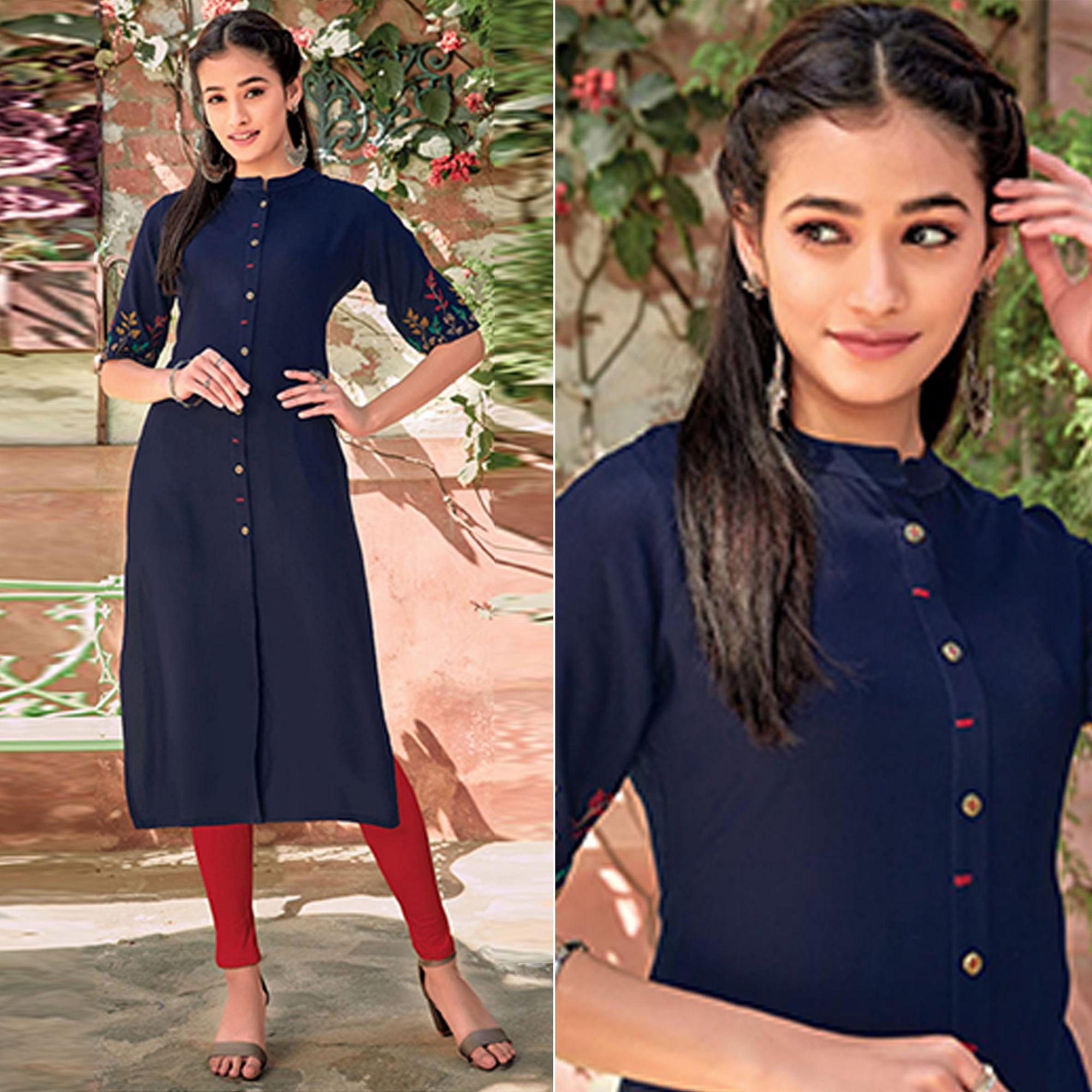 Navy Blue Floral Embroidered Rayon Kurti - Peachmode