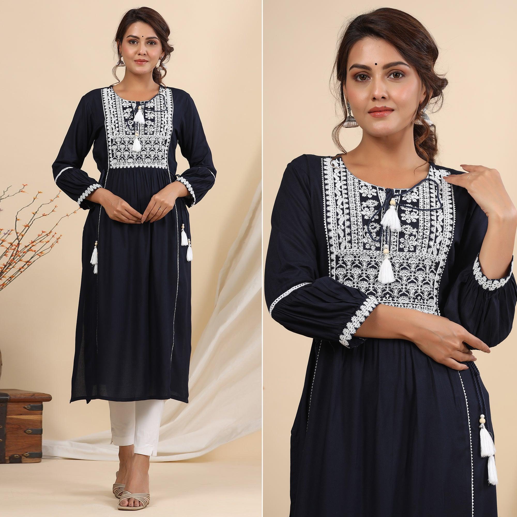Navy Blue Floral Embroidered Rayon Kurti - Peachmode
