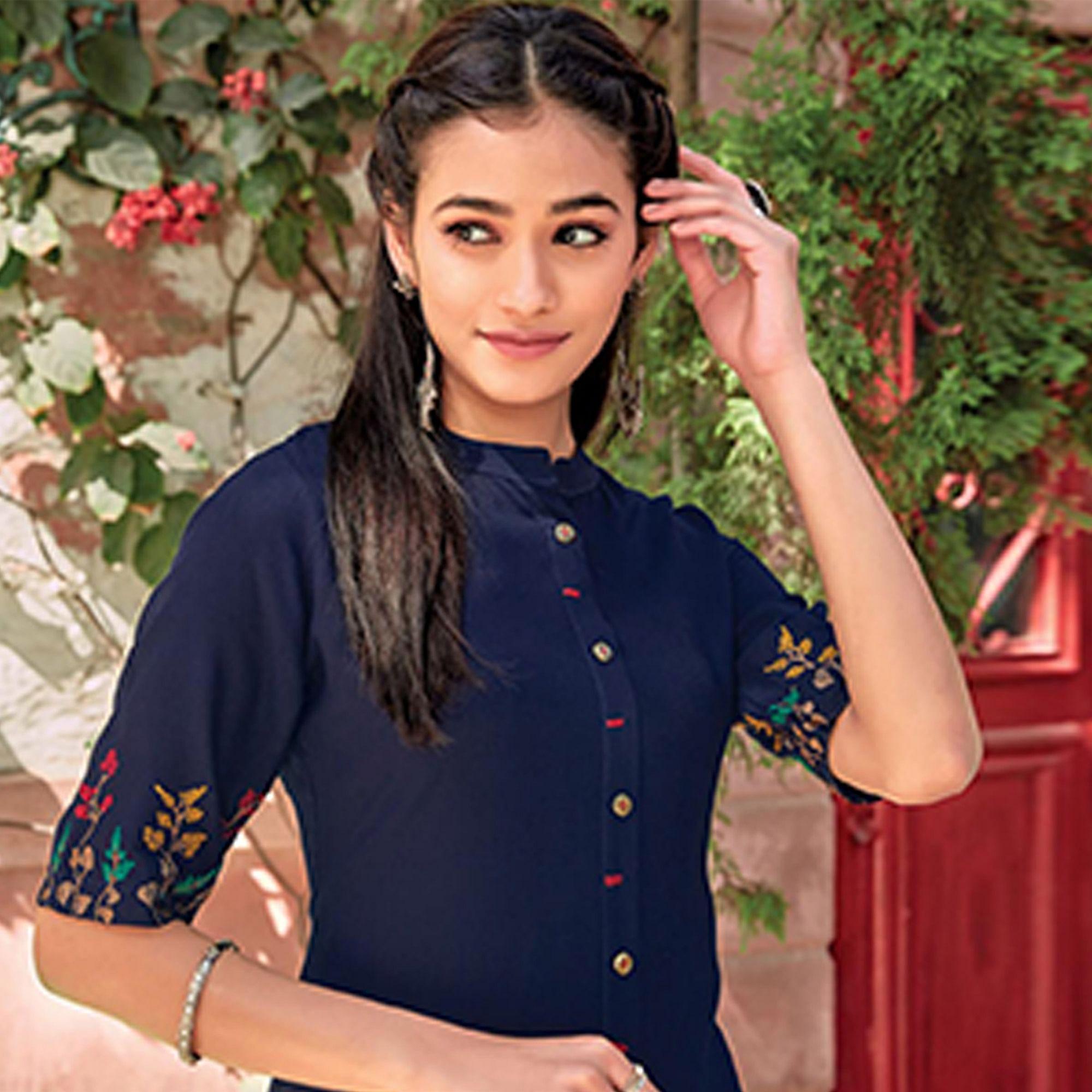 Navy Blue Floral Embroidered Rayon Kurti - Peachmode
