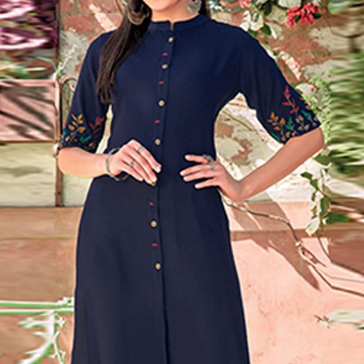 Navy Blue Floral Embroidered Rayon Kurti - Peachmode