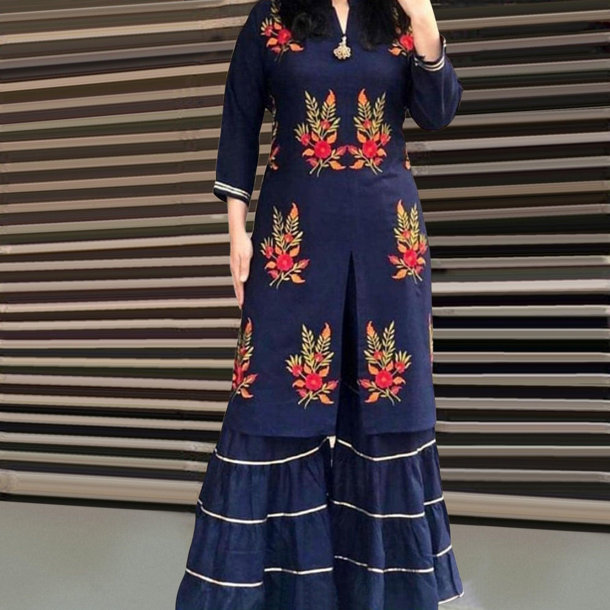 Navy Blue Floral Embroidered Rayon Palazzo Suit - Peachmode