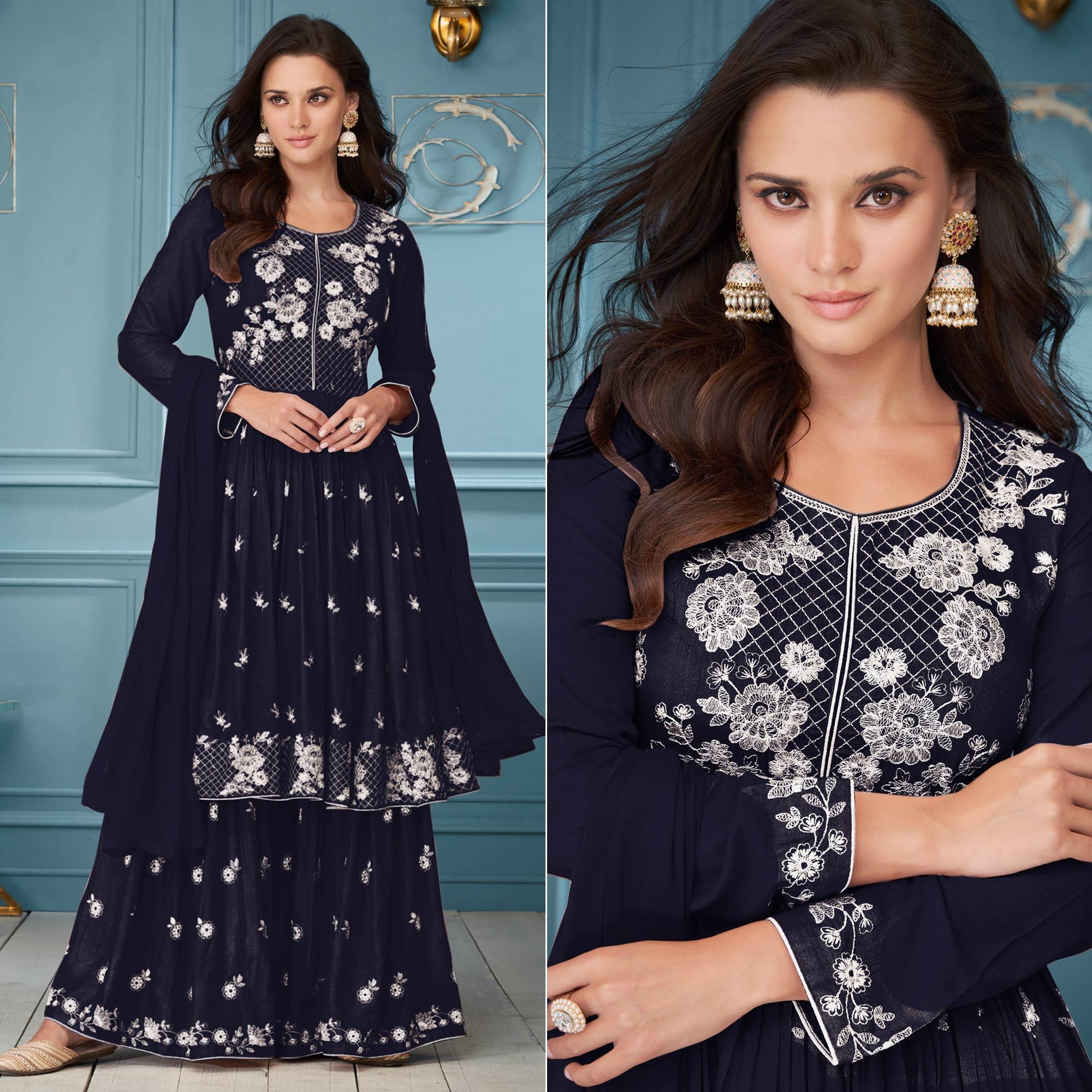 Navy Blue Floral Embroidered Rayon Palazzo Suit - Peachmode