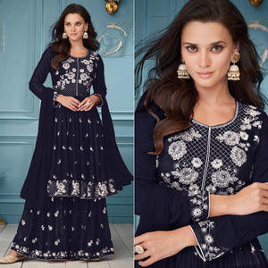 Navy Blue Floral Embroidered Rayon Palazzo Suit - Peachmode
