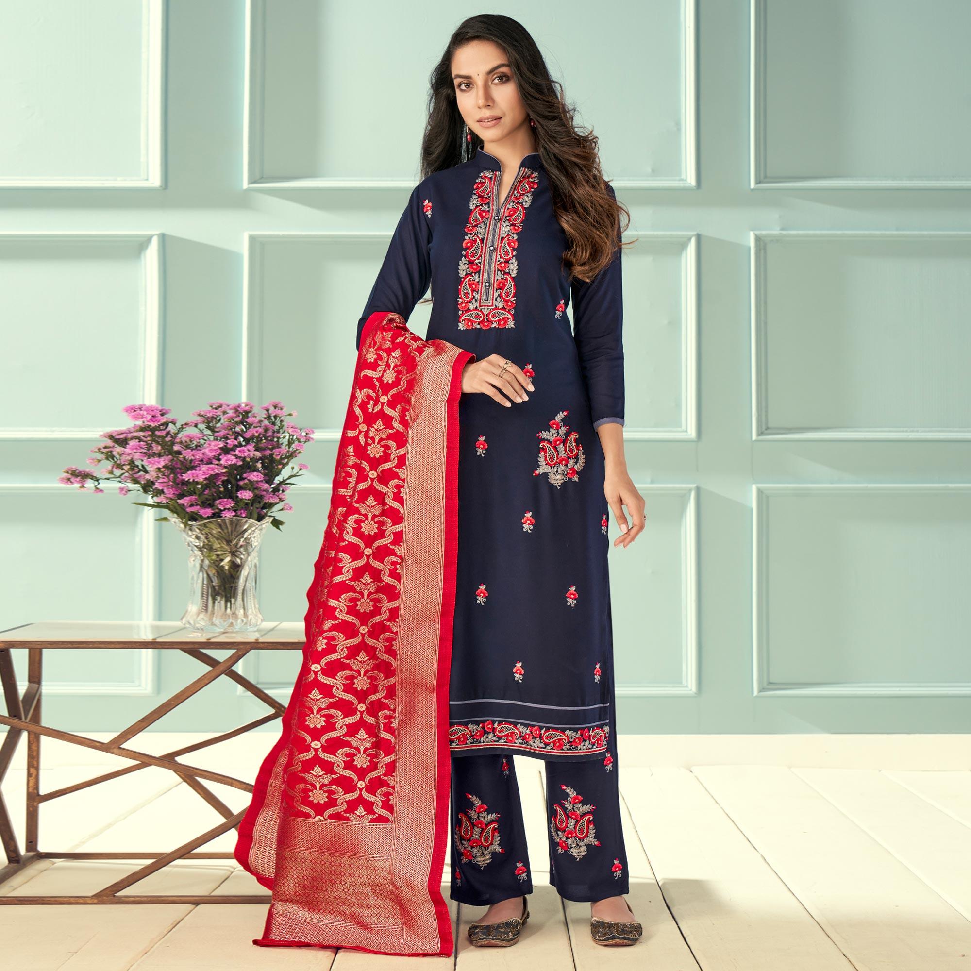 Navy Blue Floral Embroidered Rayon Partywear Suit - Peachmode