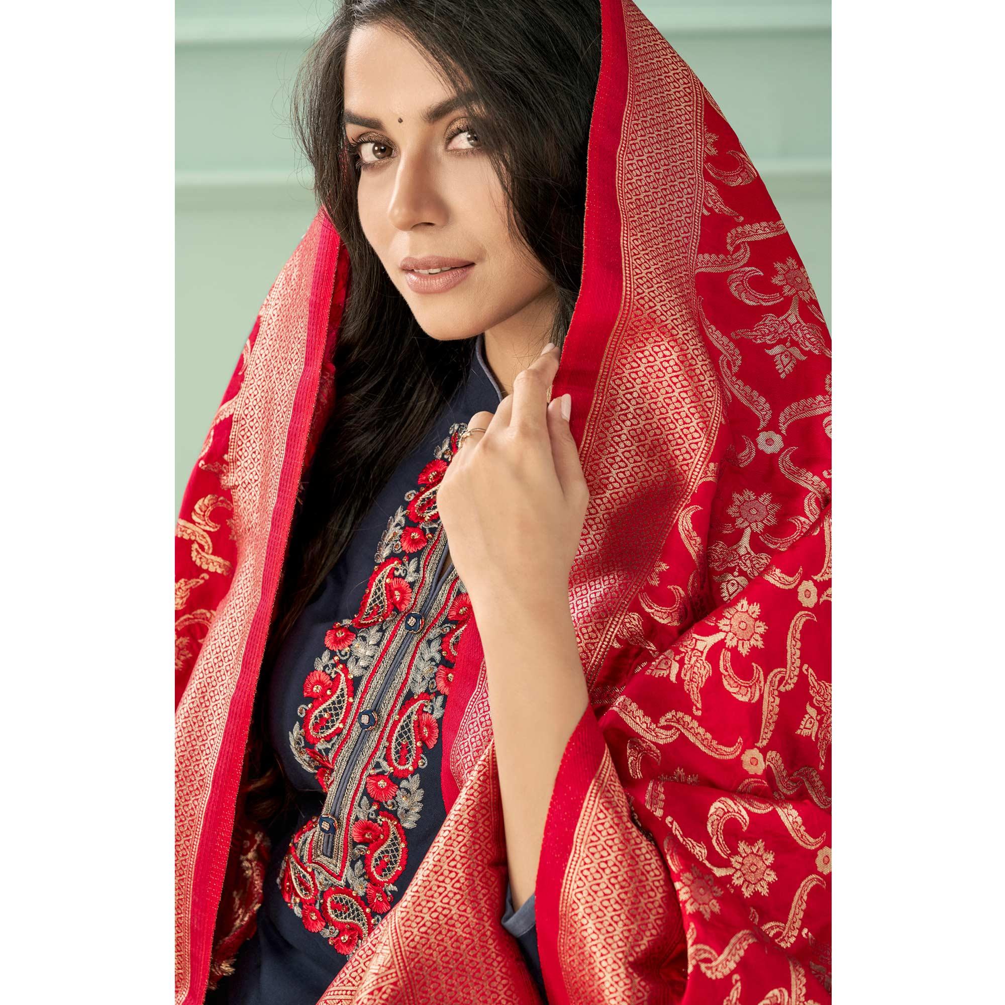 Navy Blue Floral Embroidered Rayon Partywear Suit - Peachmode